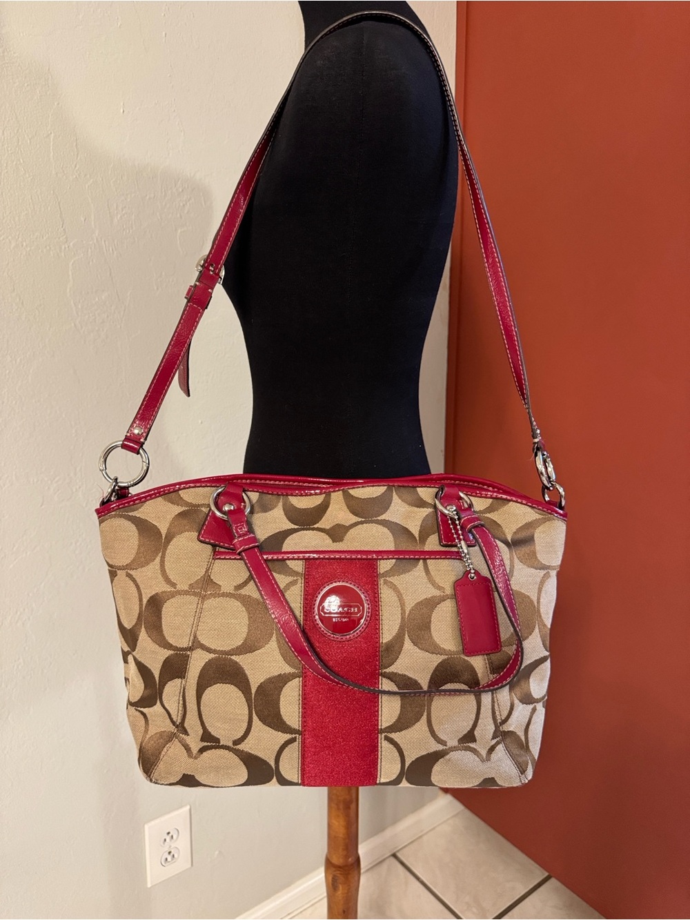 Coach Khaki Signature Canvas Shoulder Bag with Red Trim